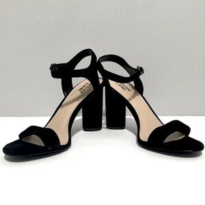 EUC Bleeker & Bond‎ Black Leather Platform Block Heels With Ankle Strap, Size 8.
